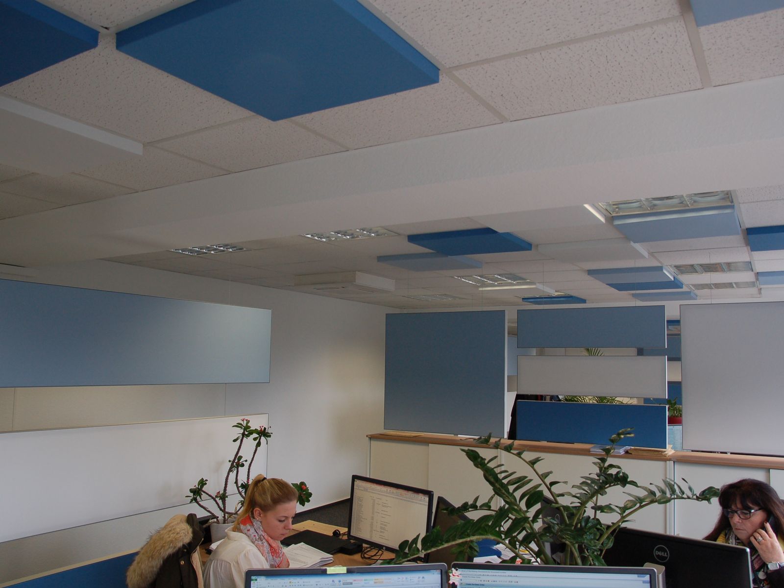 Blaue Deckenabsorber und Stellwände zwischen Arbeitsplätzen im Großraumbüro