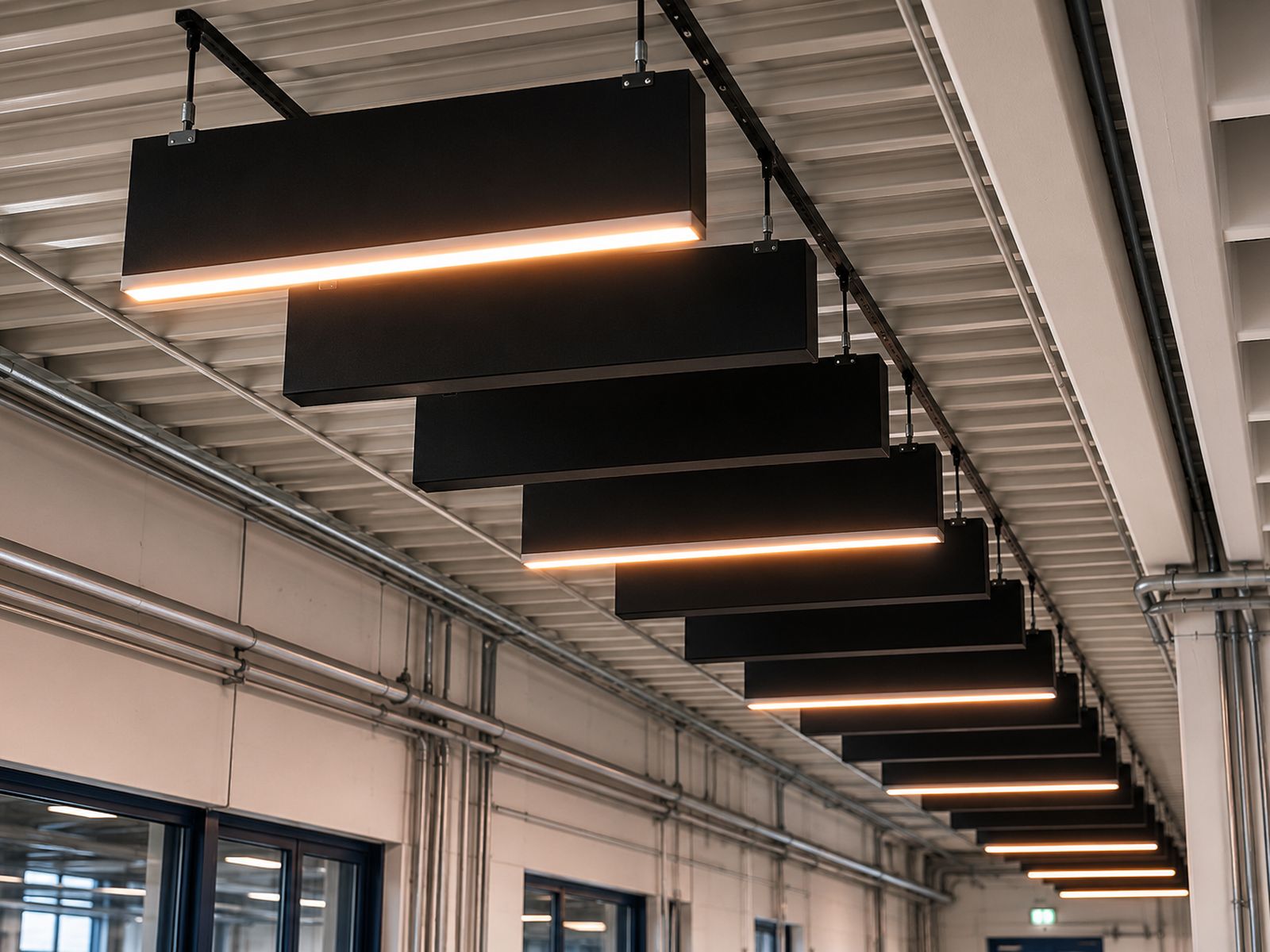 Reihe abgehängter Akustikbaffeln mit Lichtleisten unter dem Hallendach