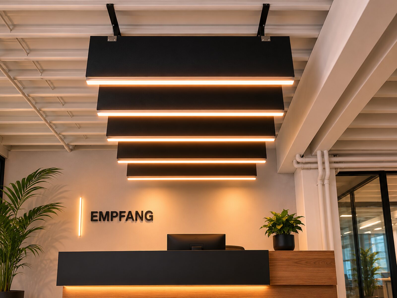 Akustikbaffeln mit durchgehendem LED-Lichtprofil über einem Empfangstresen